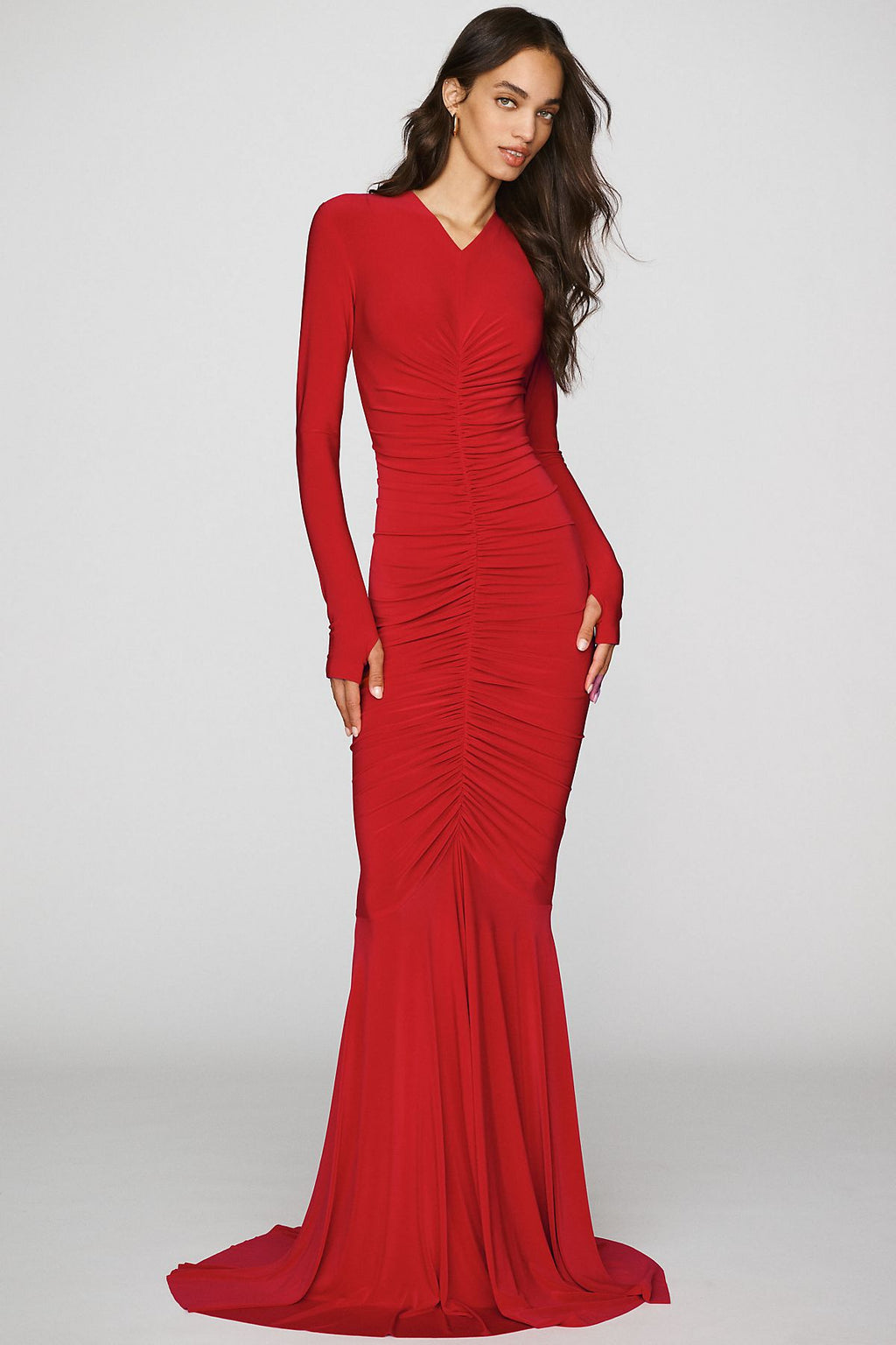 Norma Kamali Long-Sleeve Shirred Maxi Dress