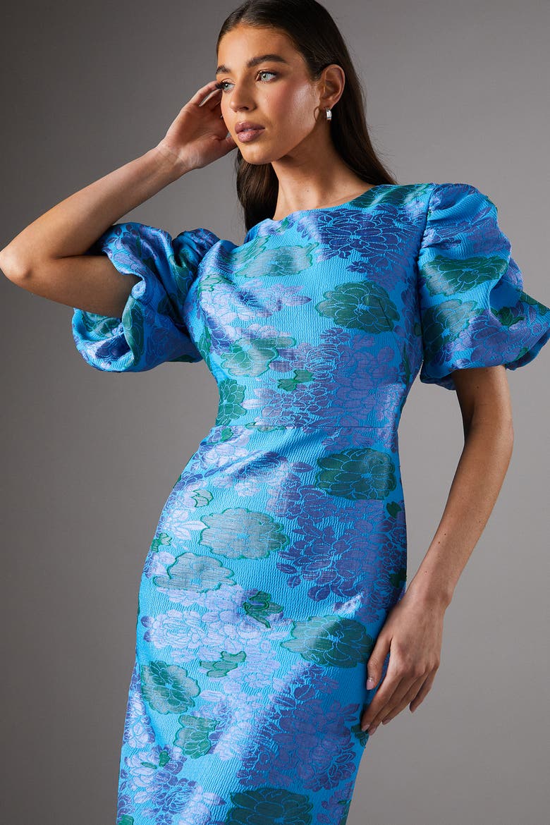 Jacquard Floral Puff Sleeve Midi Dress