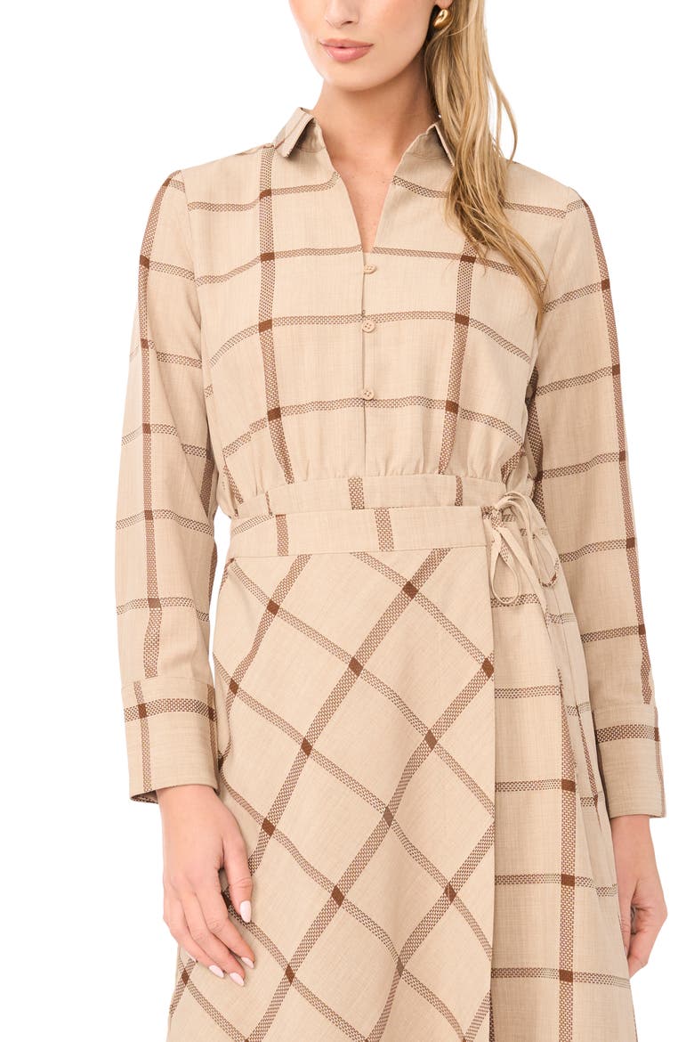Windowpane Plaid Long Sleeve Wrap Skirt Shirtdress