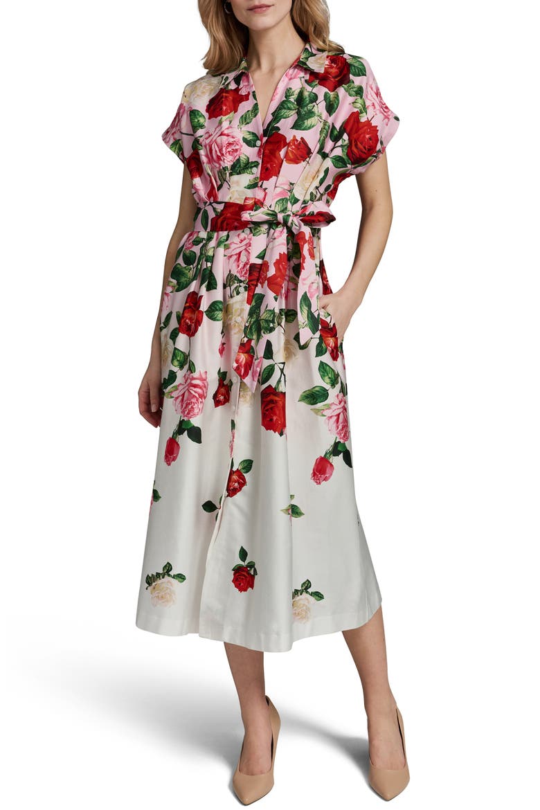 Placed Floral Stretch Cotton Midi Shirtdress