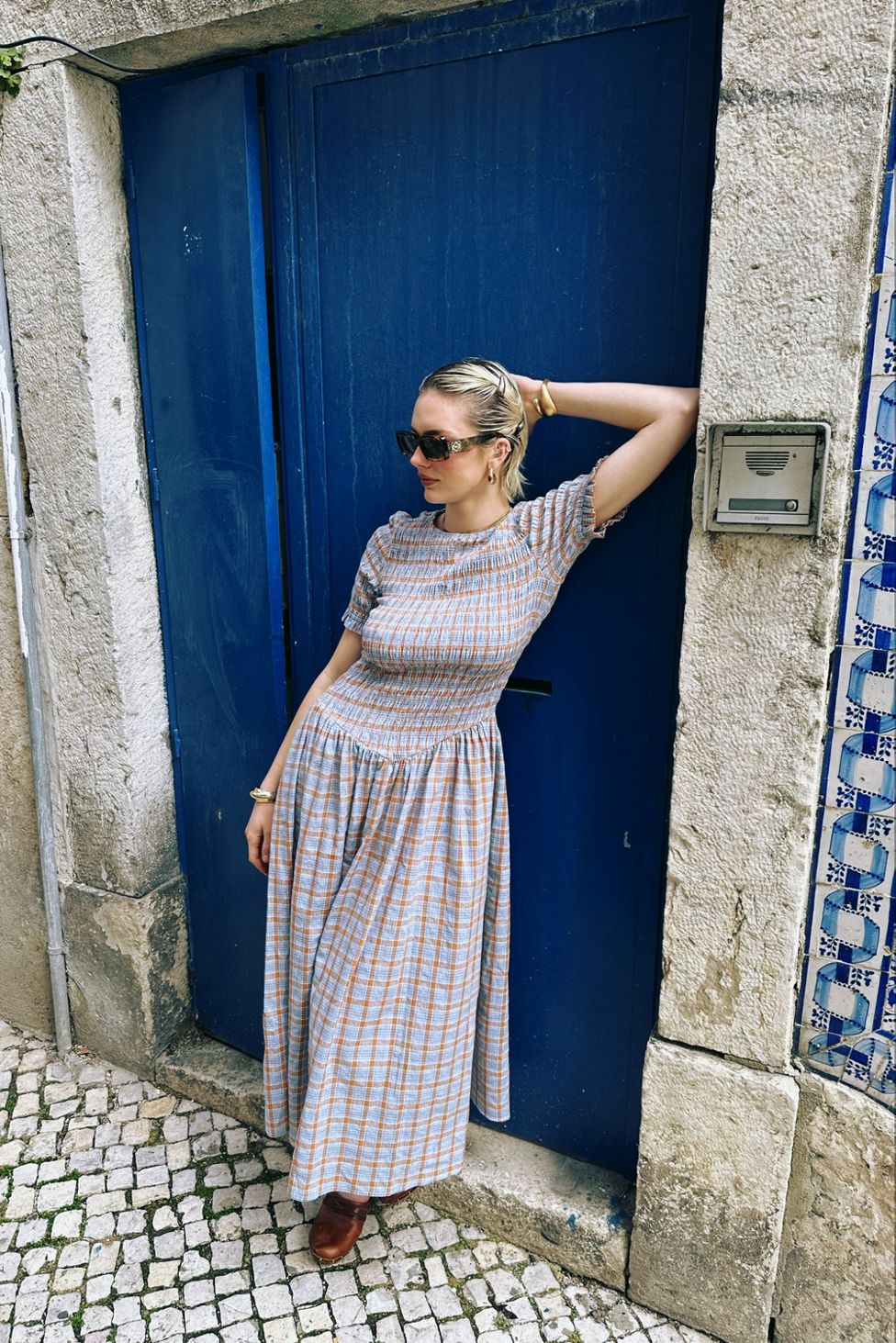 Amy Lynn Beatrix Pure Cotton Smocked Plaid Midi Dress