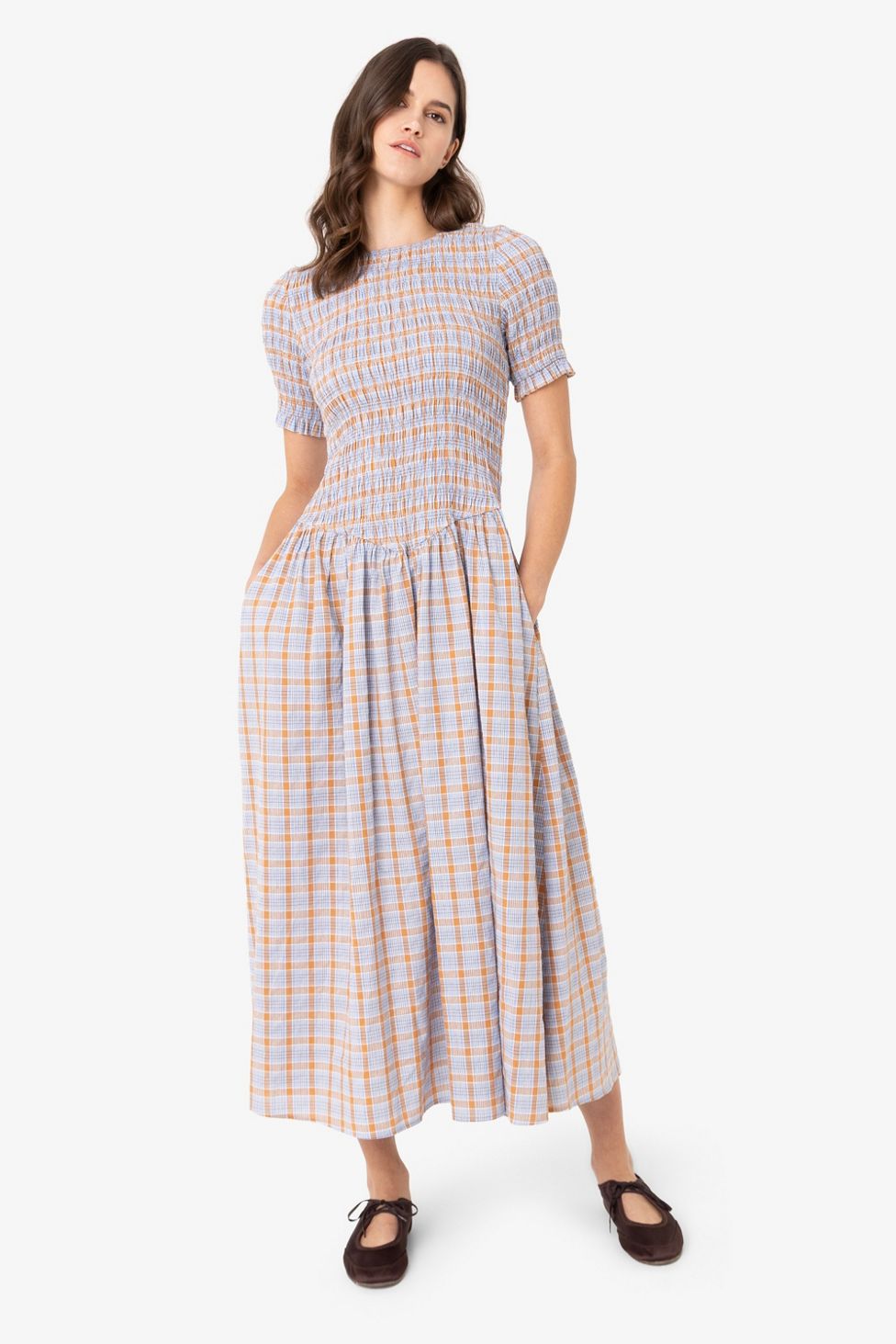 Amy Lynn Beatrix Pure Cotton Smocked Plaid Midi Dress