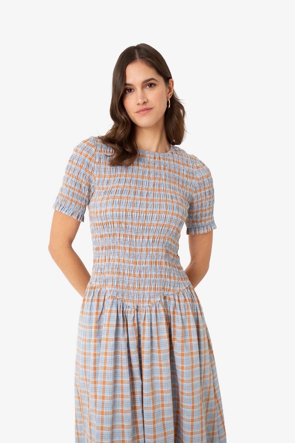 Amy Lynn Beatrix Pure Cotton Smocked Plaid Midi Dress