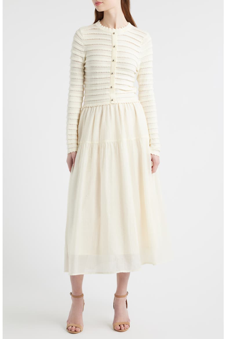 Mixed Media Long Sleeve Scallop Stitch Tiered Midi Dress