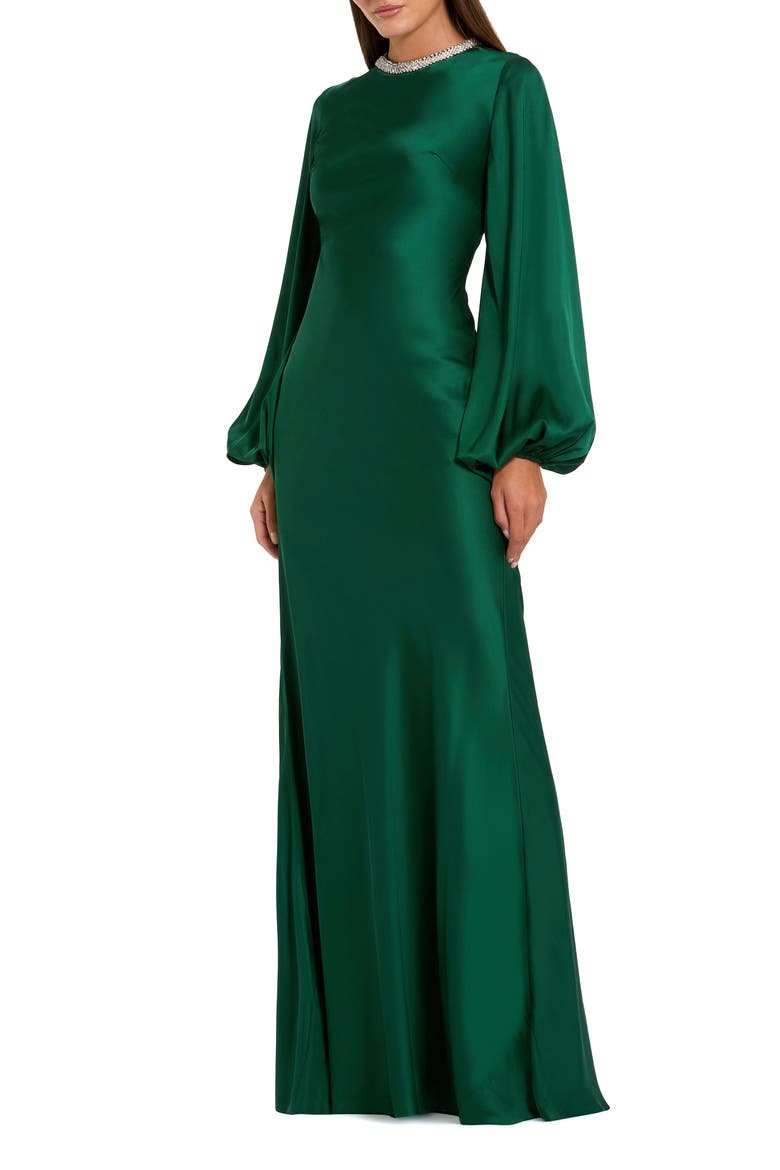 Beaded High Neck Bishop Sleeve Satin Gown