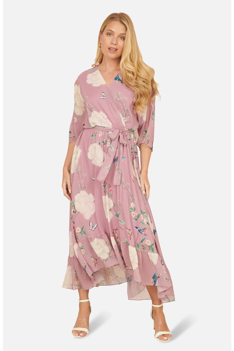 Bird And Floral Print Midi Wrap Dress