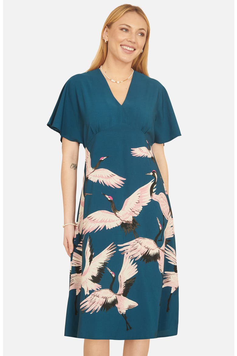 Crane Print Midi Dress