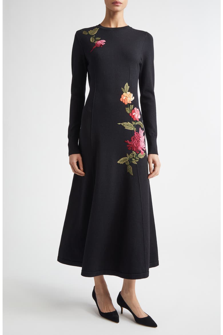 Chrysanthemum Embroidered Long Sleeve Jersey Midi Dress