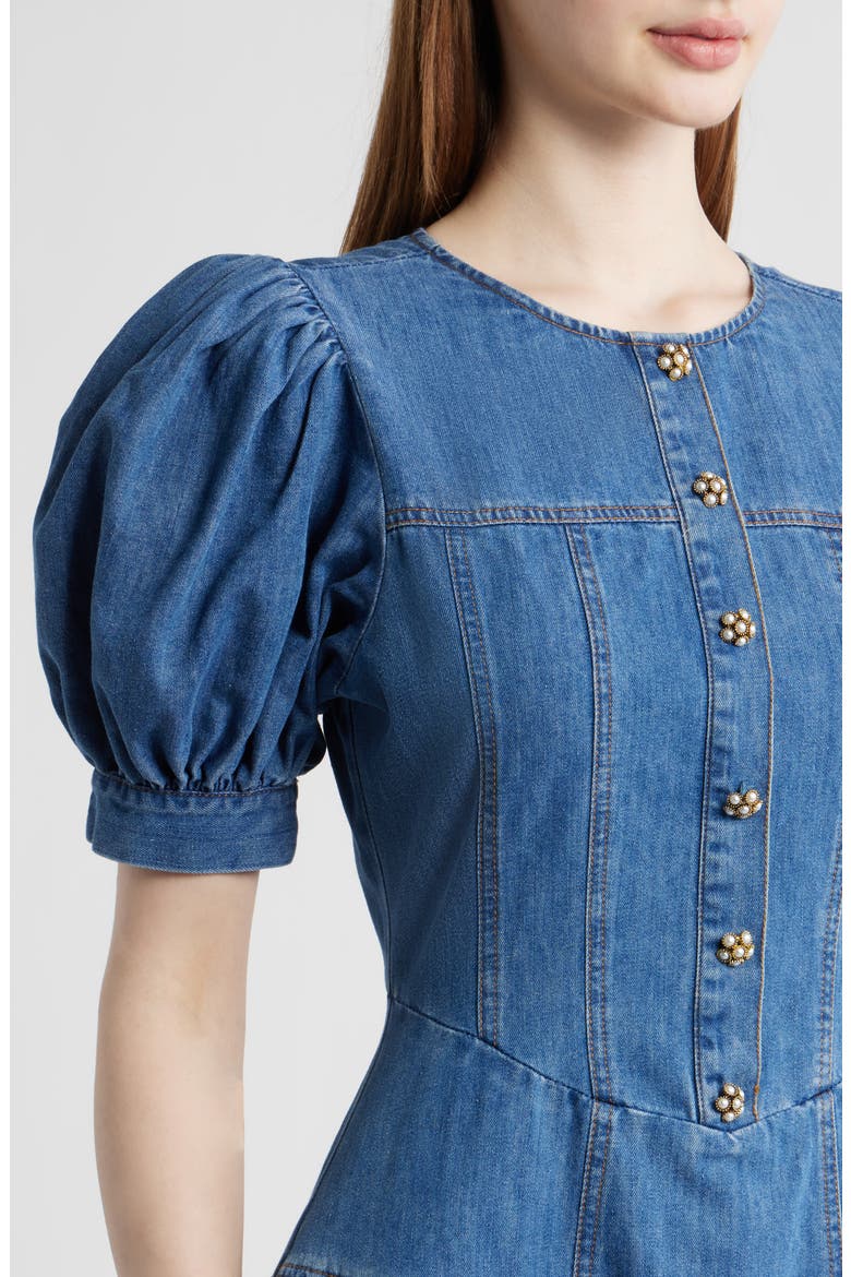 Cotton Blend Puff Sleeve Denim Midi Dress