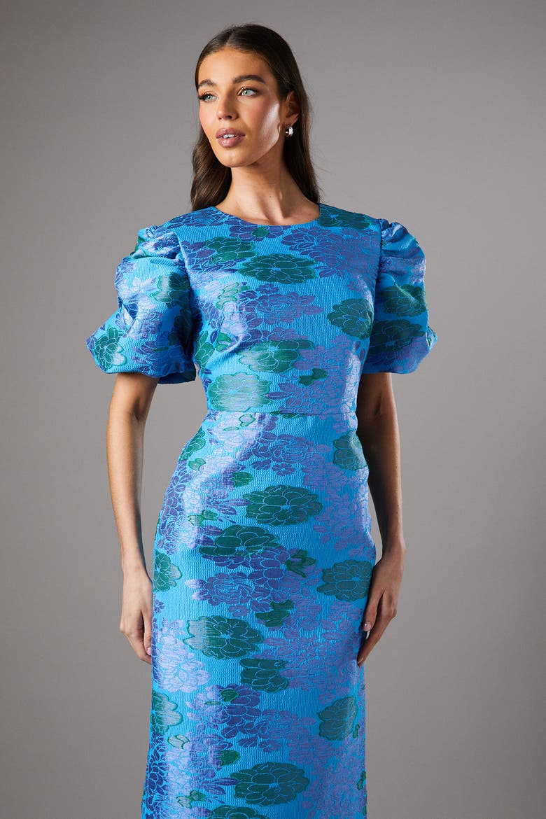 Jacquard Floral Puff Sleeve Midi Dress