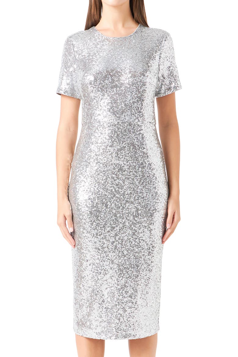 Sequin Short Sleeve Midi Sheath Dress