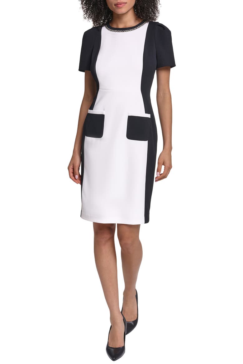 Bead Detail Colorblock Scuba Crepe Sheath Dress