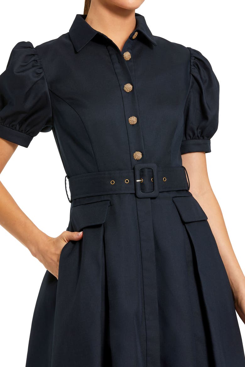 Women's Puff Sleeve Shirt Dress with Belted Waist