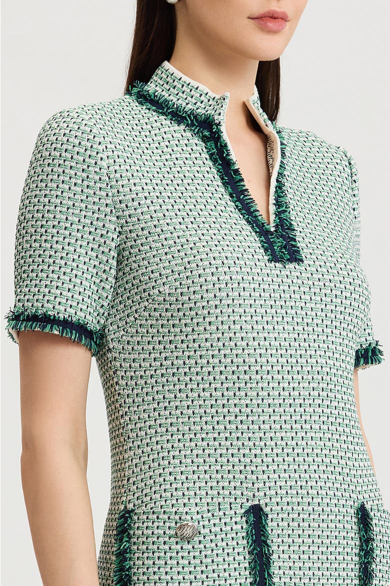 Fringe Trim Jacquard Basketweave Knit Sheath Dress