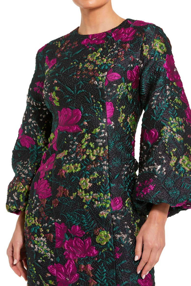 Floral Brocade Puff Sleeve Fitted Mini Dress
