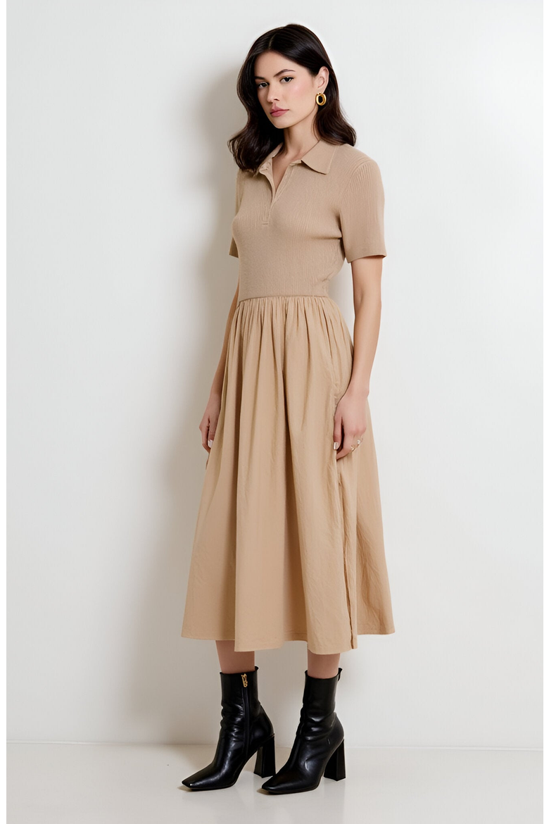 Polo Collar Short-Sleeve Gathered A-Line Midi Sweater Dress