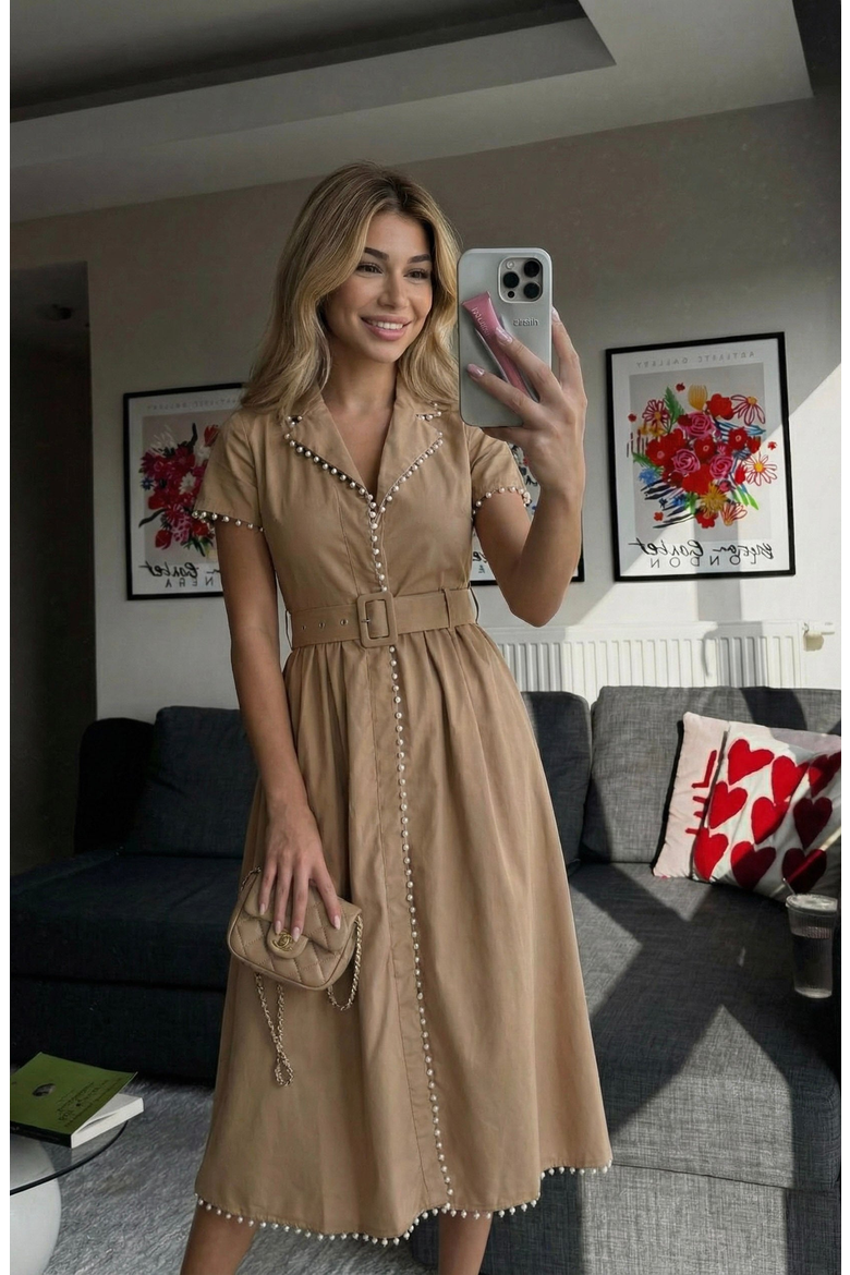 Short Sleeve Collared Midi Dress with Pearl Details and Statement Belt