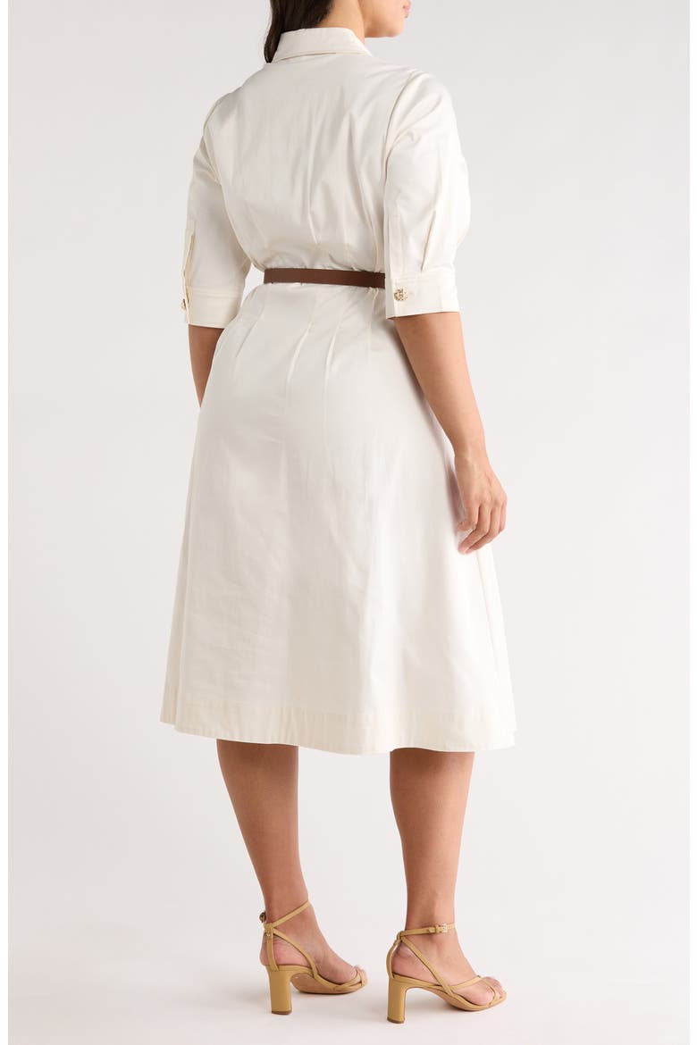 Belted Elbow Sleeve Stretch Cotton Sateen Shirtdress