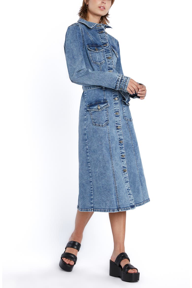 Tie Waist Long Sleeve Cargo Denim Midi Shirtdress