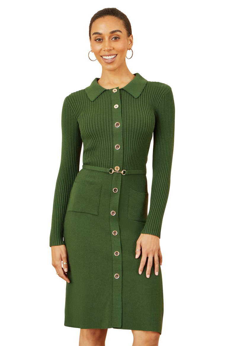 Belted Rib Knit Midi Dress With Pockets