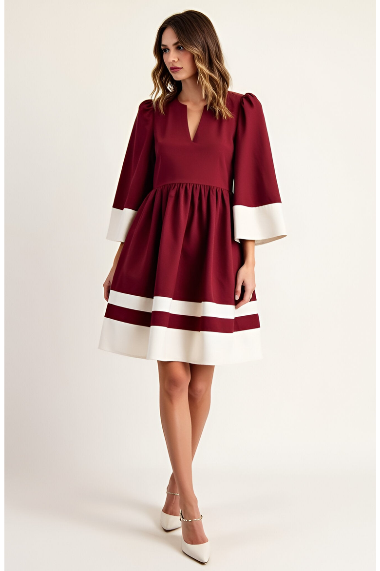 Fit and Flare Mini Dress with Contrast Cuff, Hemline and Notch Neck