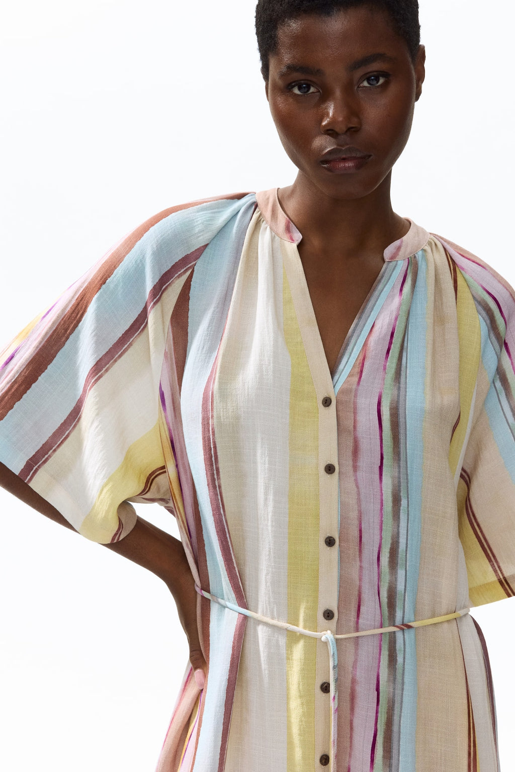 Short-Sleeved Tie-Belt Dress