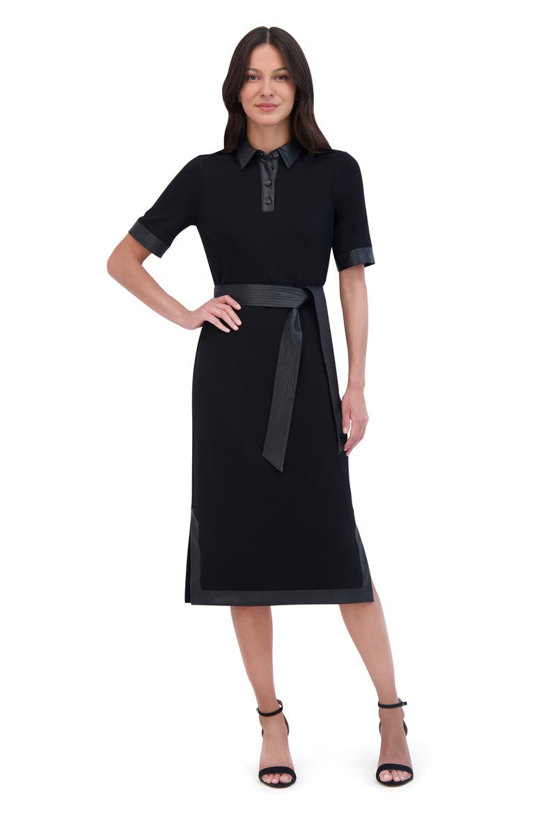 Faux Leather Trim Tie Waist Midi Dress