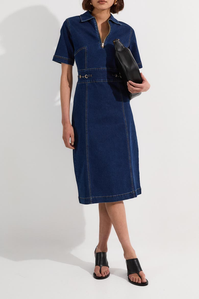Trim Collared Denim Midi Dress