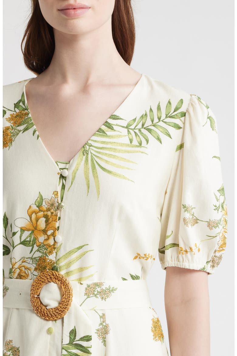Printed Puff Sleeve Belted Midi Dress