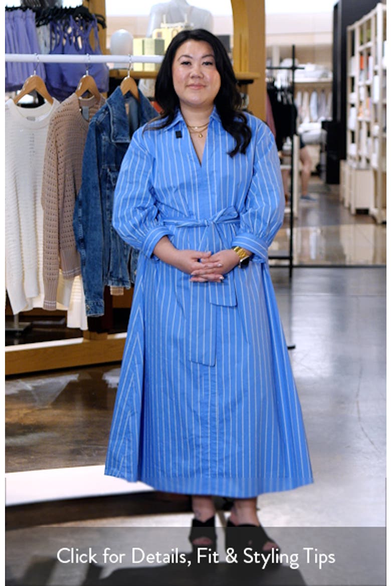 Stripe Blouson Sleeve Cotton Midi Shirtdress