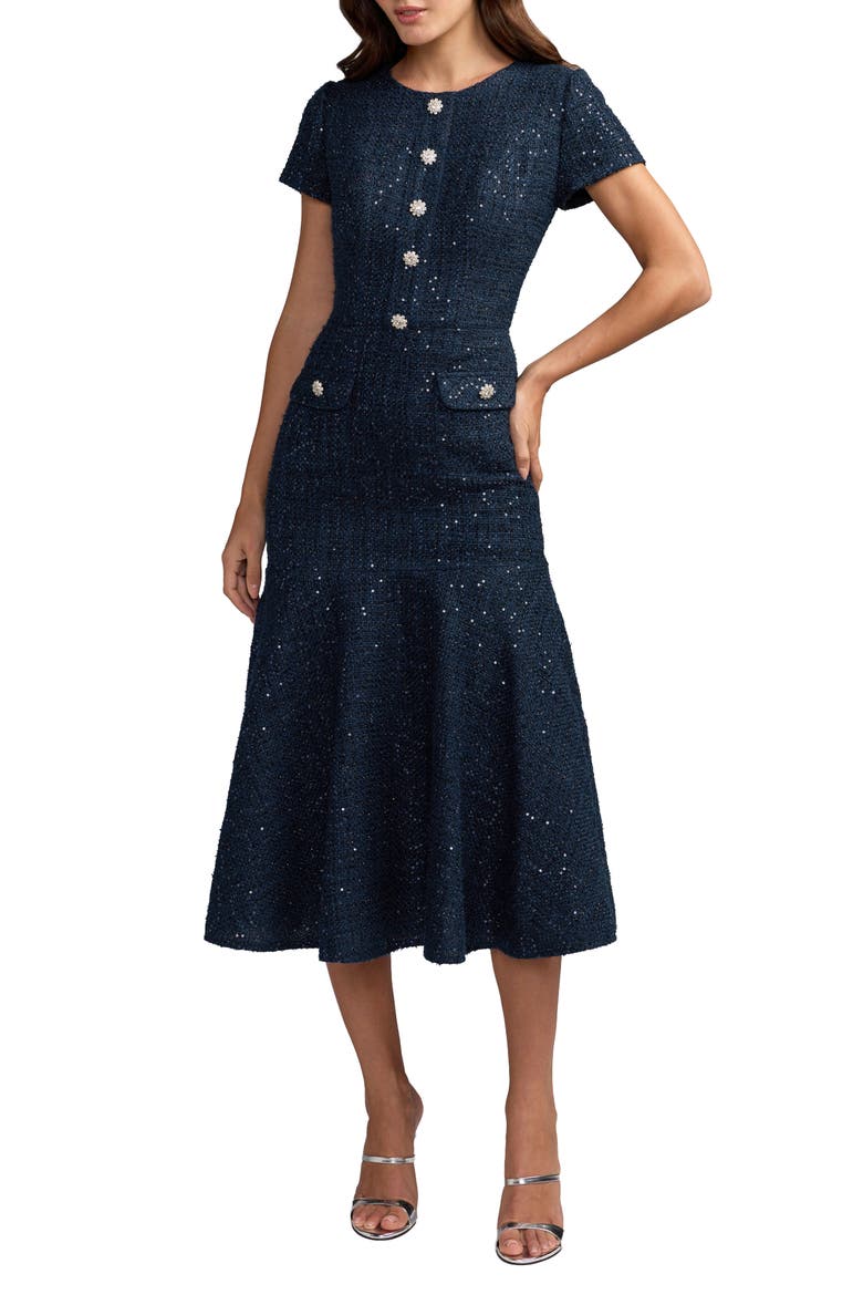 Women's Sequin Tweed Short Sleeve A-Line Midi Dress