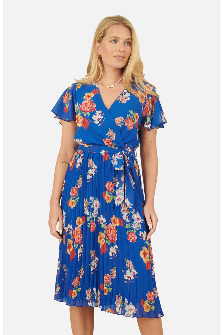 Pleated Floral Tie-Waist Wrap Midi Dress