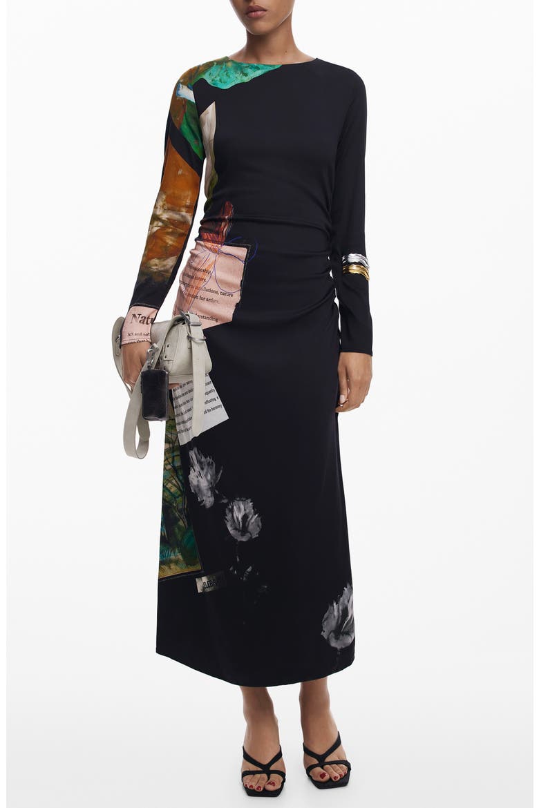 Mix Print Long Sleeve Midi Dress