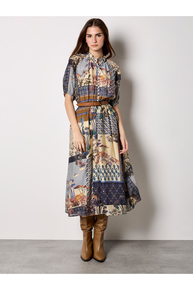 High Neck Patchwork Midi Shirt Dress