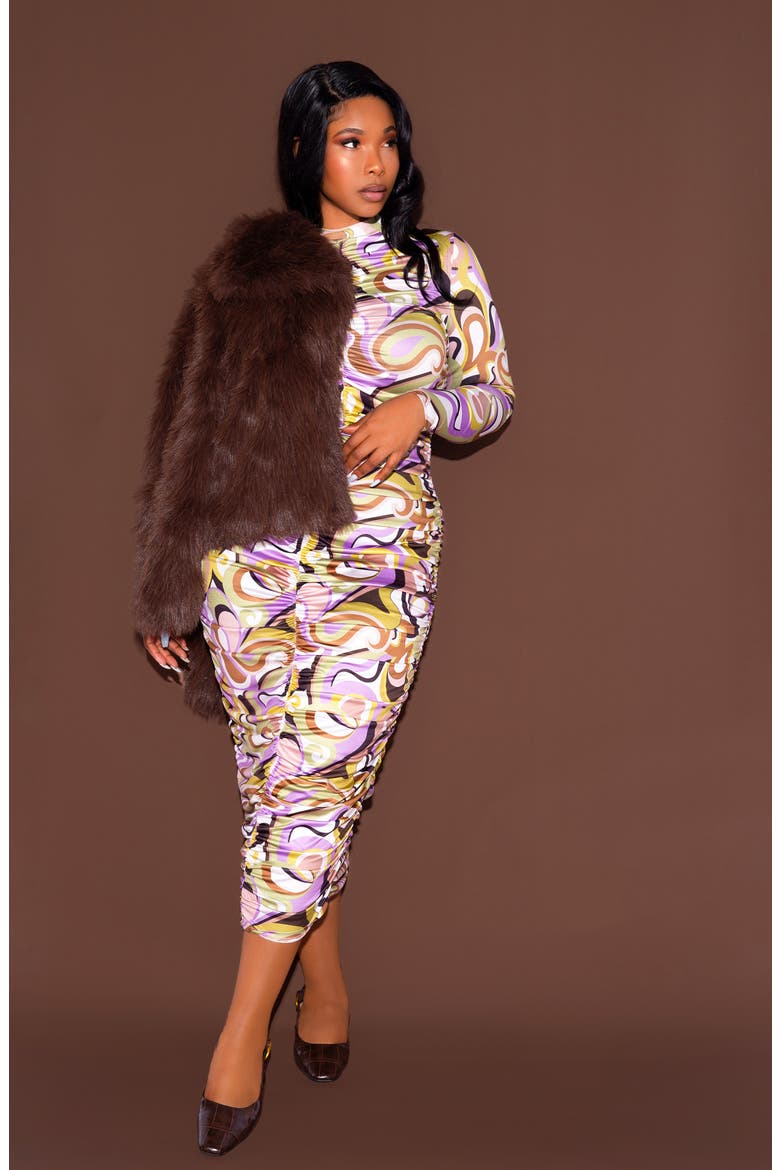 Print Ruched Long Sleeve Midi Body-Con Dress