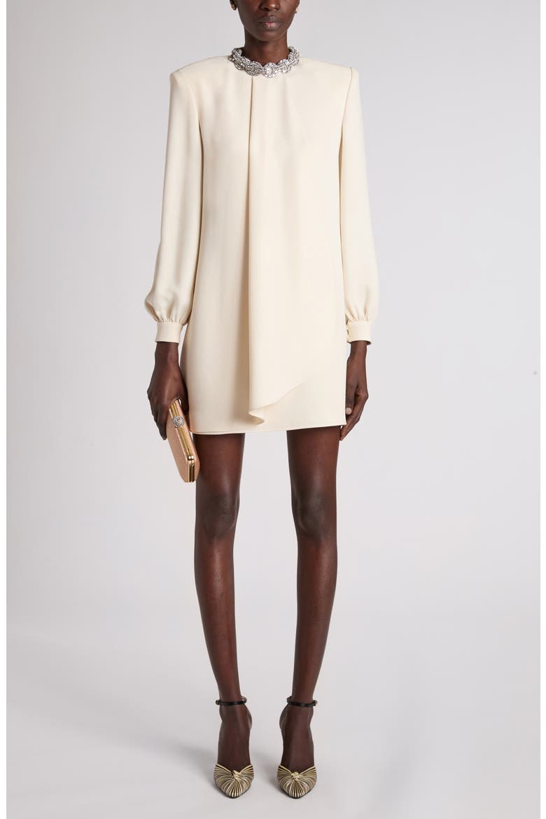 Rhinestone Embellished Long Sleeve Silk Cady Minidress