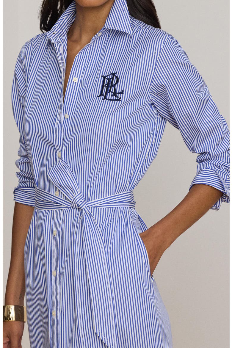 Amity Embroidered Logo Stripe Long Sleeve Cotton Midi Shirtdress