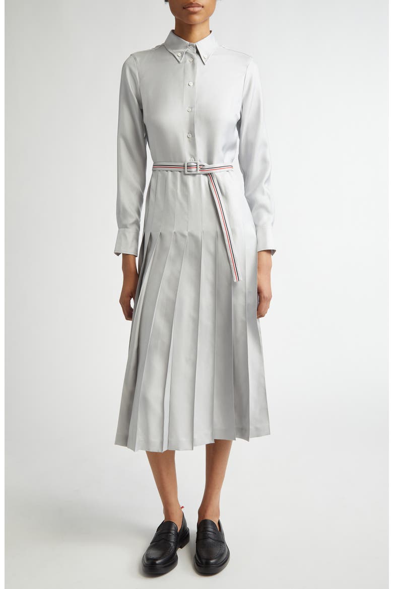 Long Sleeve Pleated Silk Midi Shirtdress