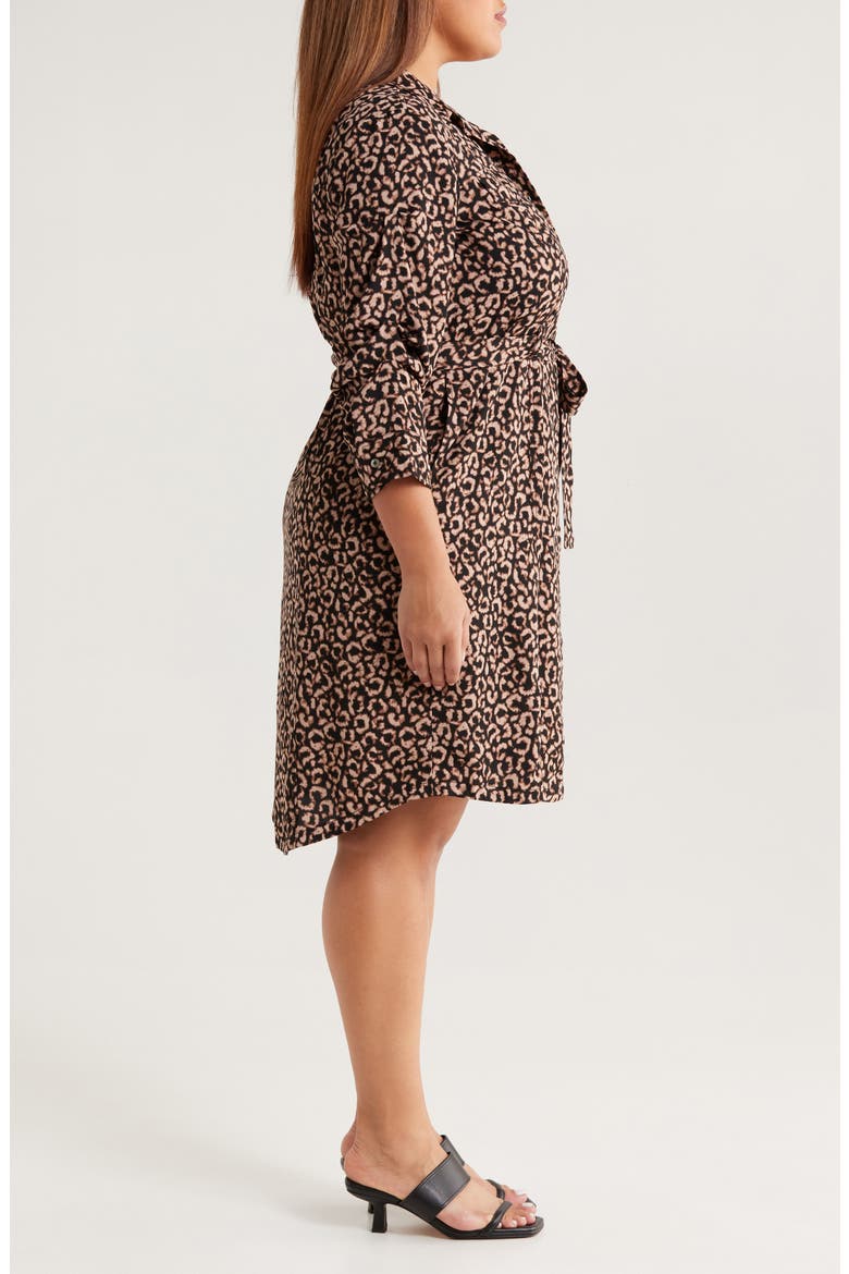 Abstract Animal Print Ruched Sleeve Trench Shirtdress