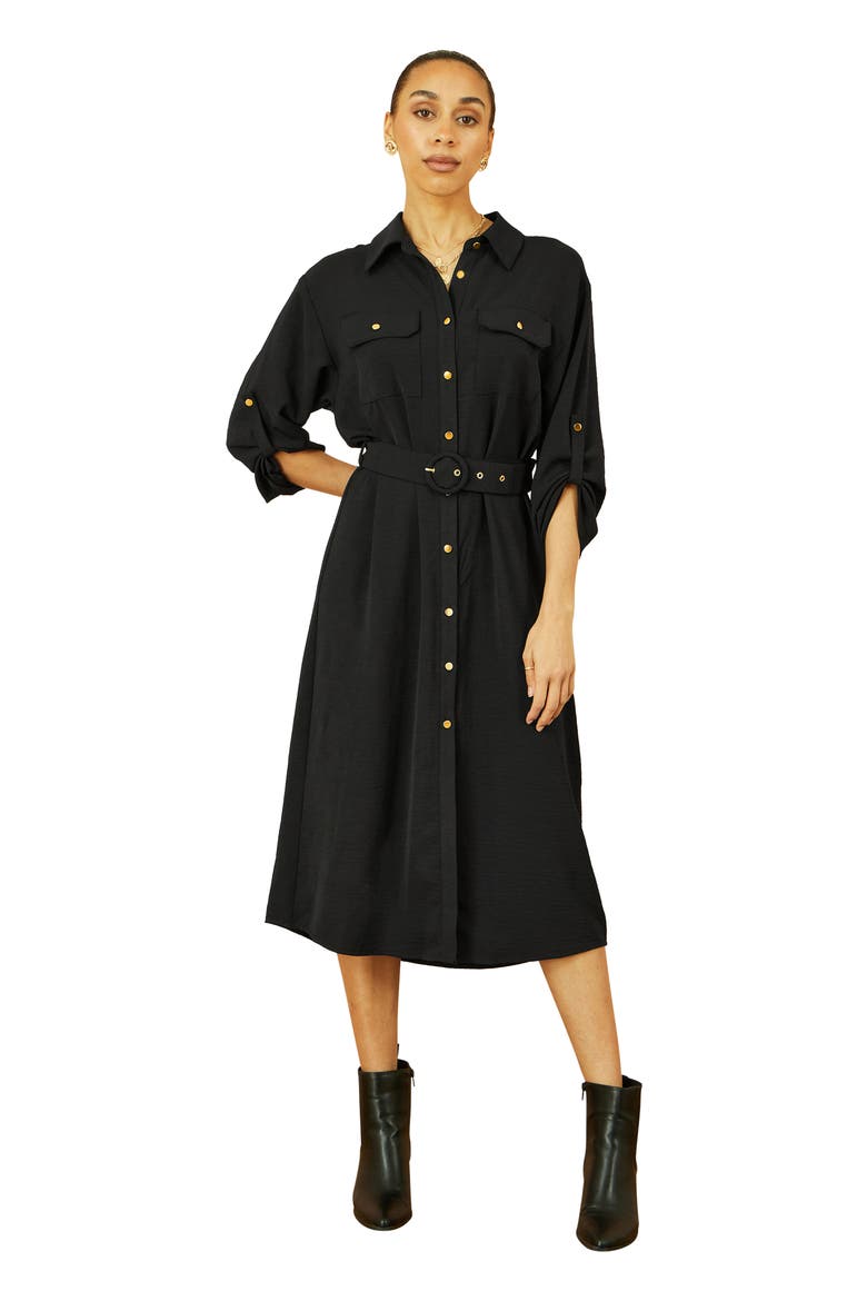3/4 Sleeve Belted Midi Shirt Dress