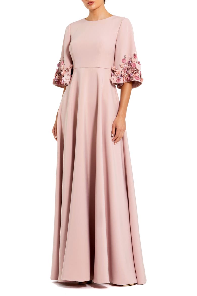Petite Crepe 3/4 Sleeve A-line Gown With Flower Trim
