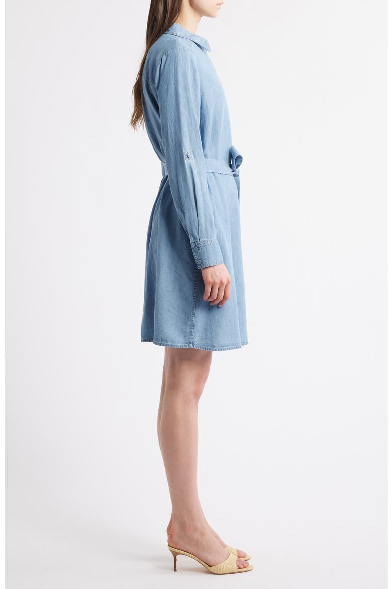 Tie Waist Button Front Long Sleeve Chambray Dress