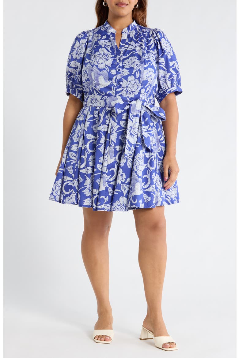 Floral Puff Sleeve Pleated Cotton Shirtdress