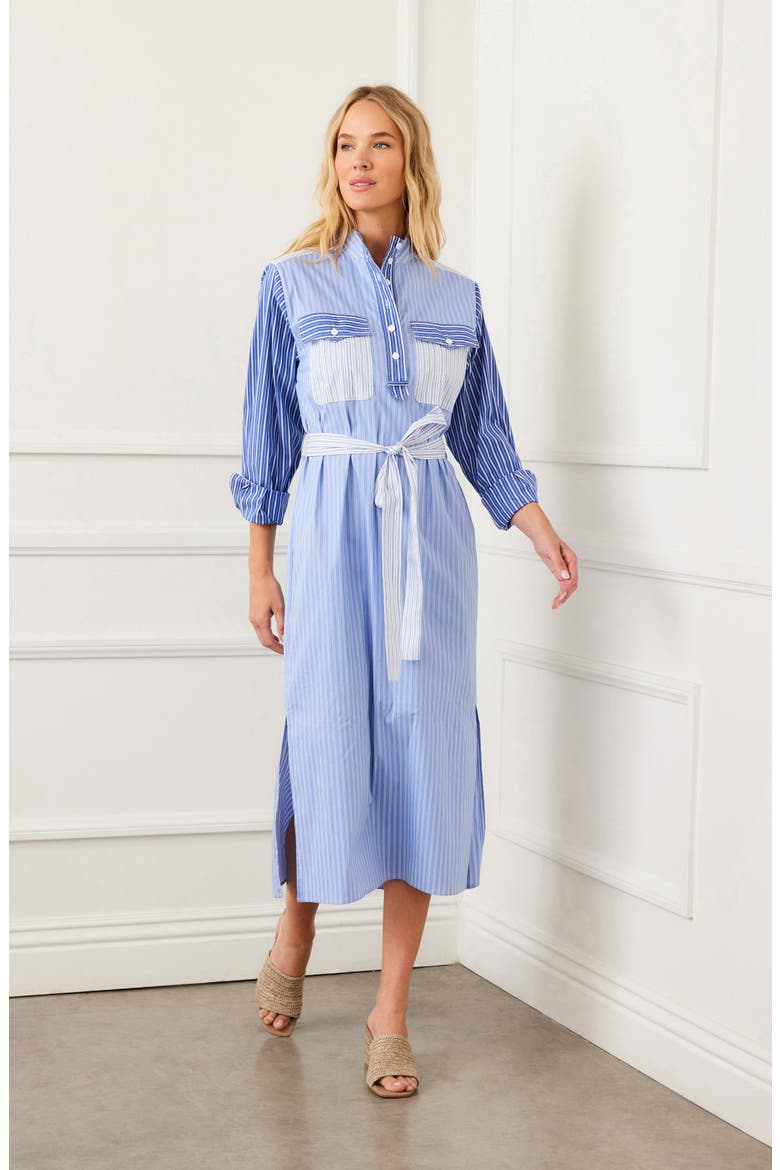 Mixed Stripe Belted Long Sleeve Shirtdress