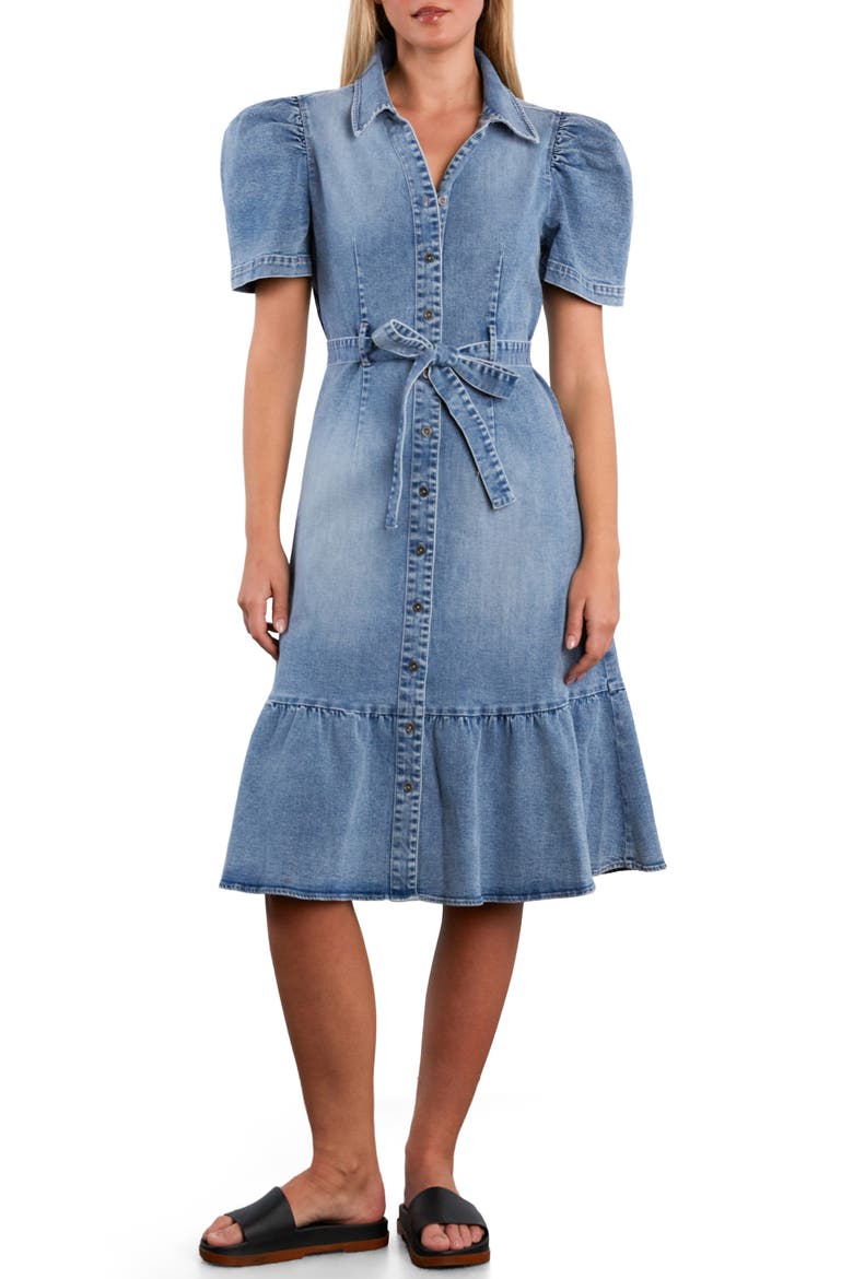 Muse Belted Puff Sleeve Denim Midi Shirtdress