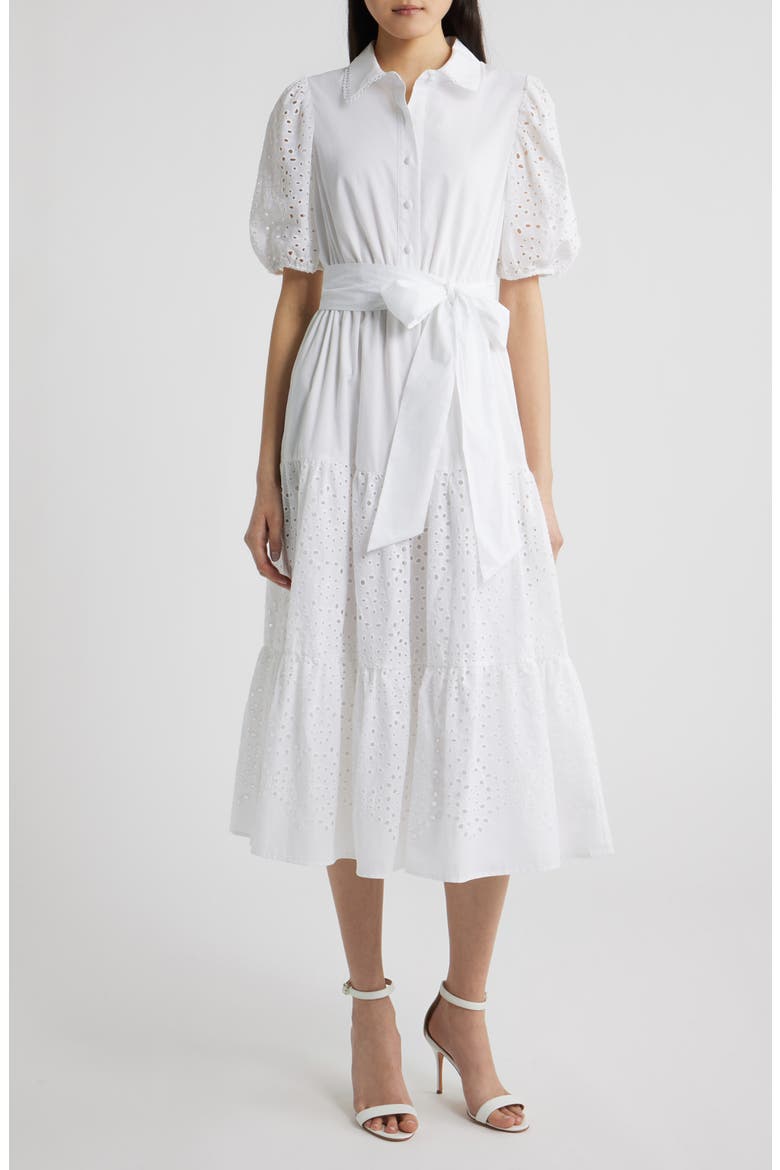 Eyelet Tie Waist Puff Sleeve Midi Dress