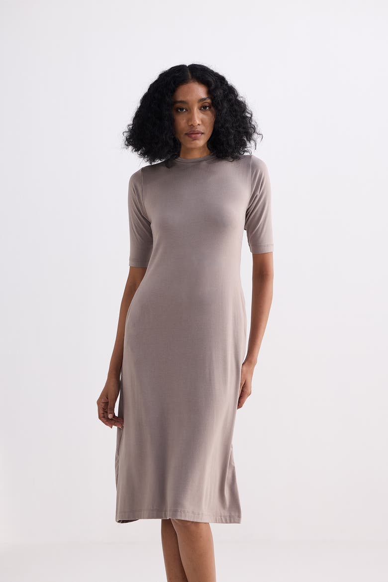 High Neck Elbow Sleeves Fitted Dress