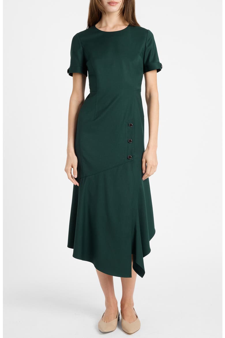 Raine Short Sleeve Hi-Lo Midi Dress in Soft Stretch Twill