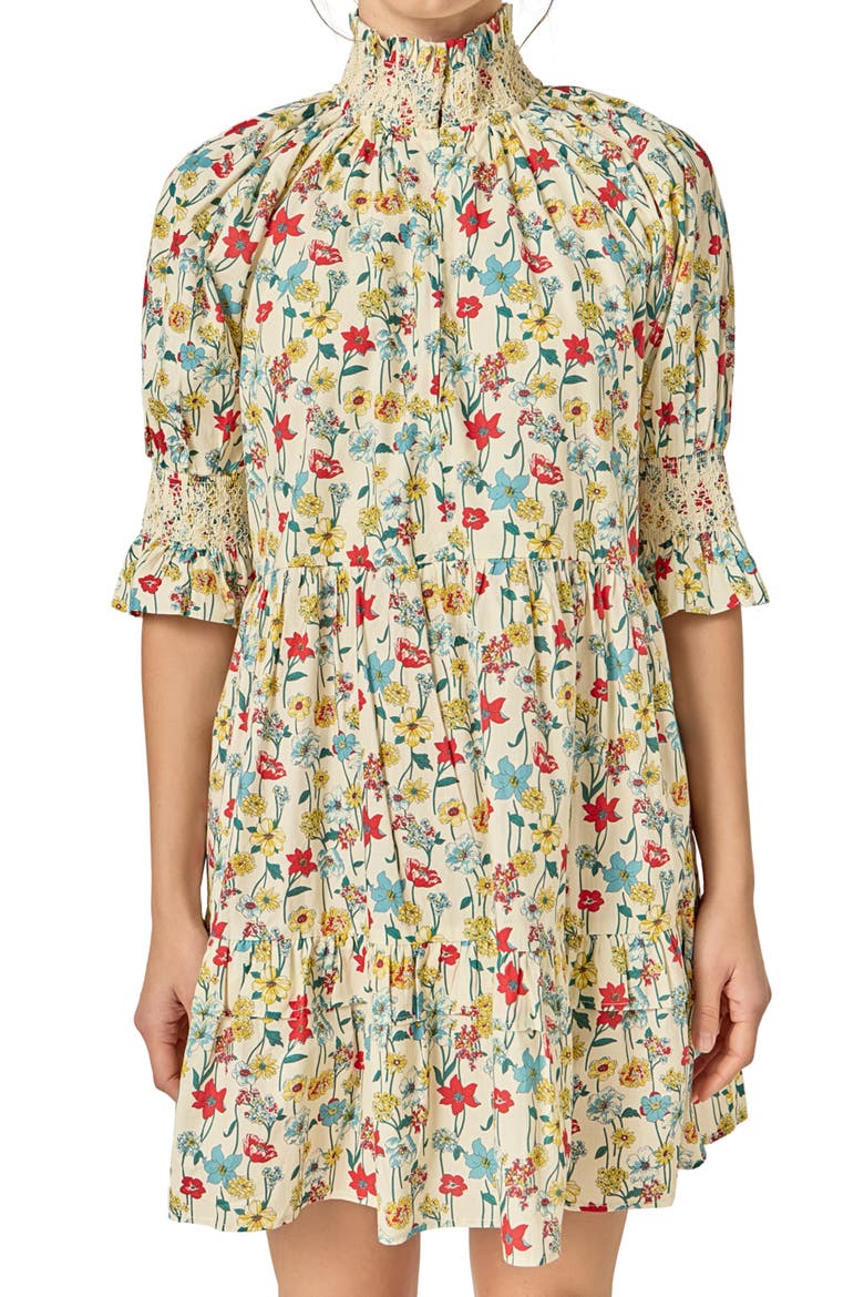Print Smocked Puff Sleeve Minidress