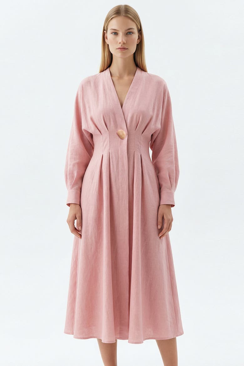 Garlyn Slim V Neck Long Sleeve Linen Midi Dress
